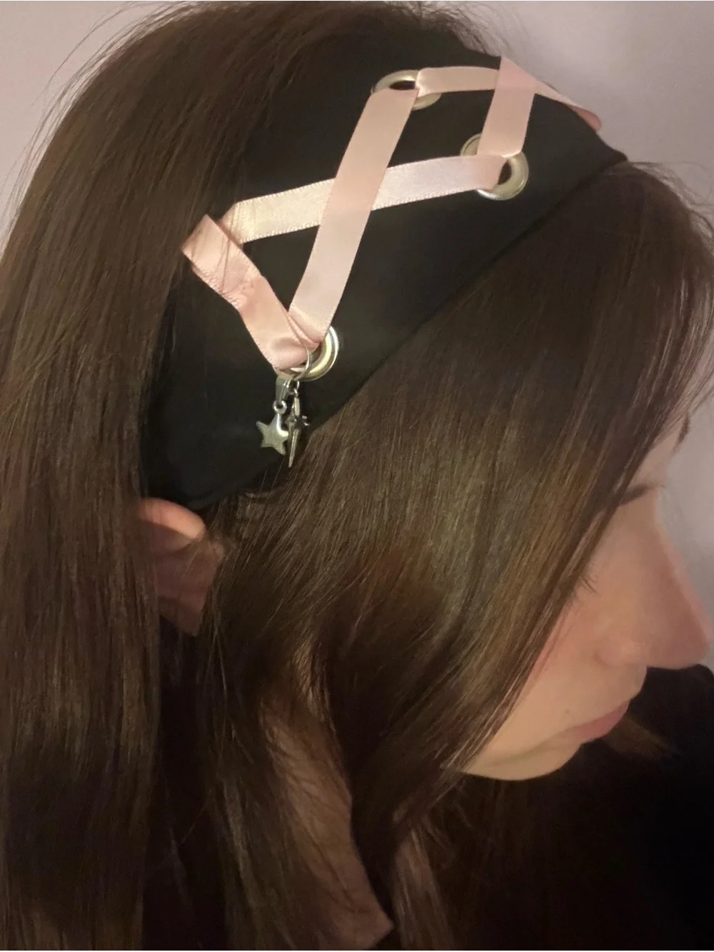 Black Headband with Pink Ribbon Lacing + Grommet Detail